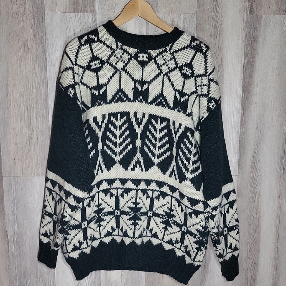 Skyr Mens Large Vintage Wool Sweater Green Ivory Nordic‎ Knit 80s Warm Winter - Picture 1 of 5